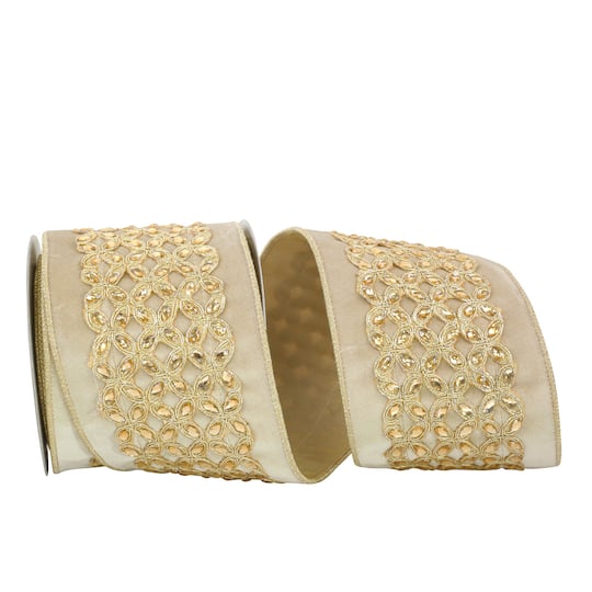 JAM Paper 4" x 5yd. Camel Beaded Plush Velvet Embroidery Wired Edge Ribbon
